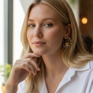 CHANEL Black and Gold Hoop Earrings